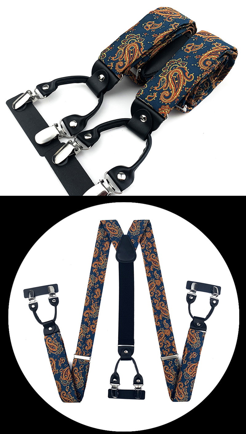 VEEKTIE Brand Suspender For Men 6 Snap Hooks Y-back Adjustable Jacquard Floral Check Shirts Paisley Yellow Blue Vintage Retro