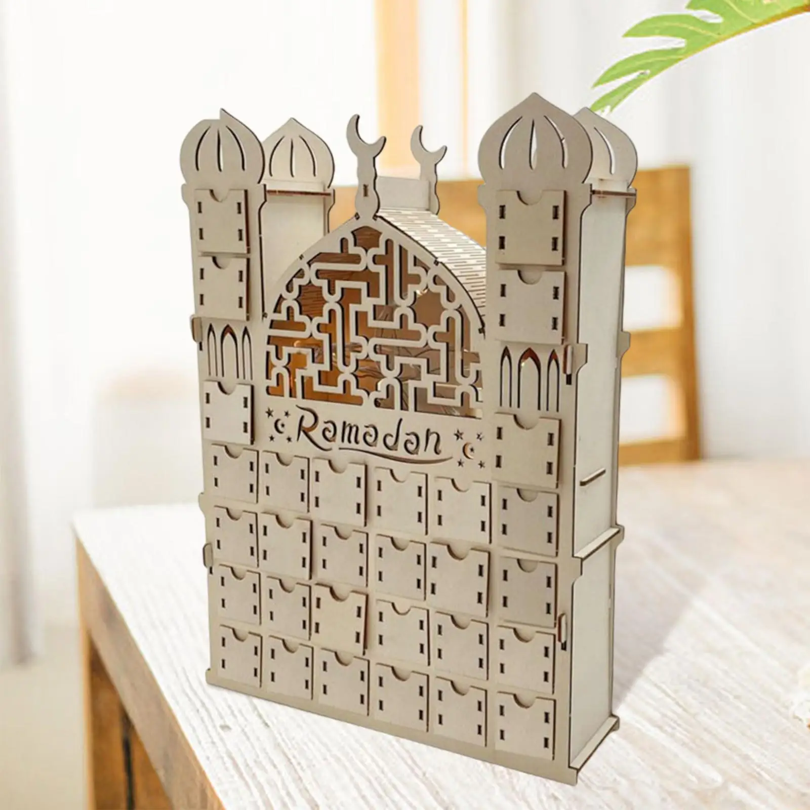 Ramadan Advent Calendar 30 Days Table Decor with LED Light Wooden Ornaments