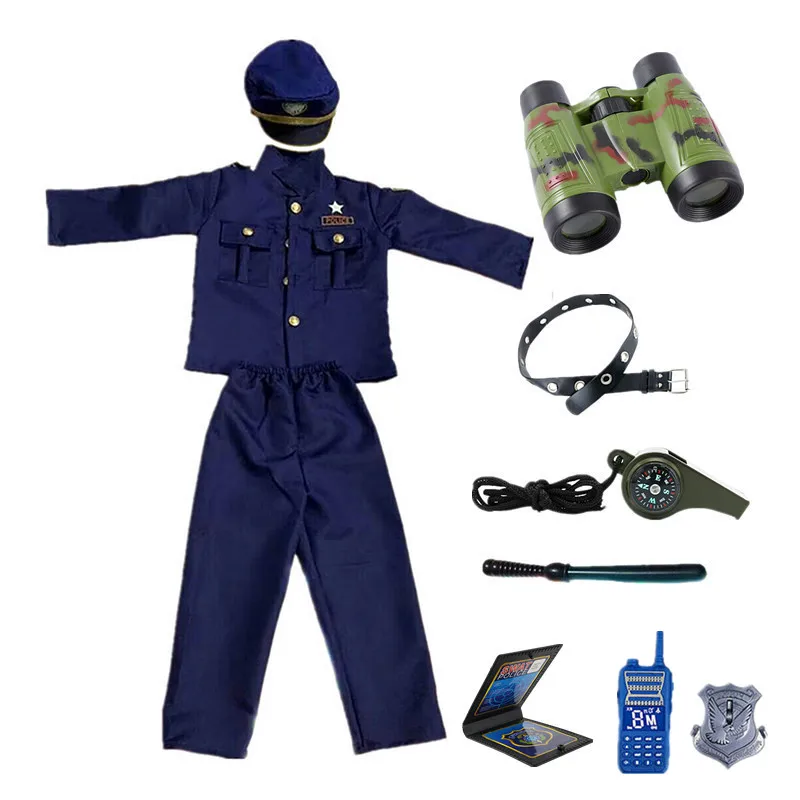 Boys Police Cosplay Costumes Kids Police Playsets Halloween Christmas Party Clothes Send Whistle Walkie Talkie Binoculars Gift