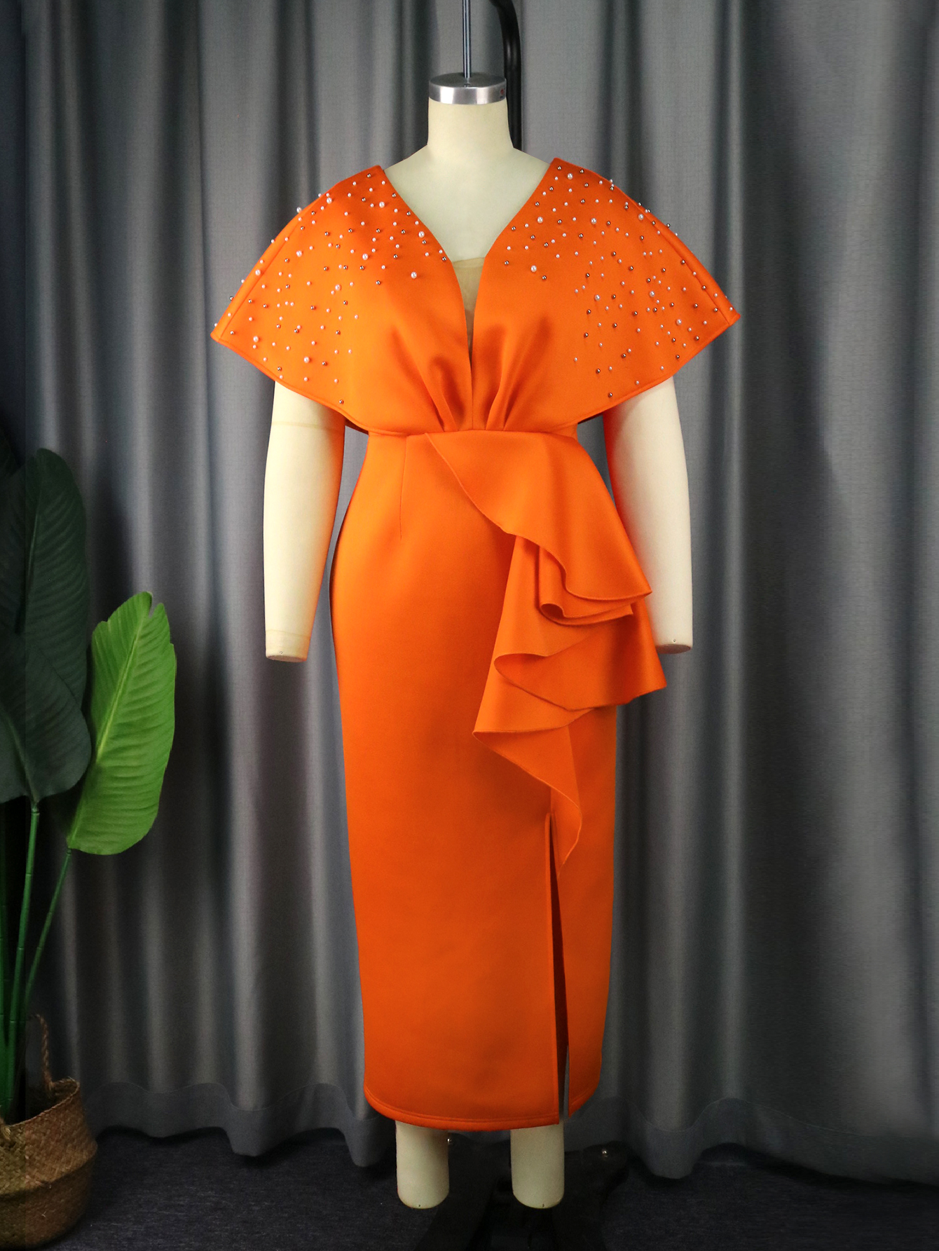 Ruffles Cape Sleeve Long Orange Dress Elegante