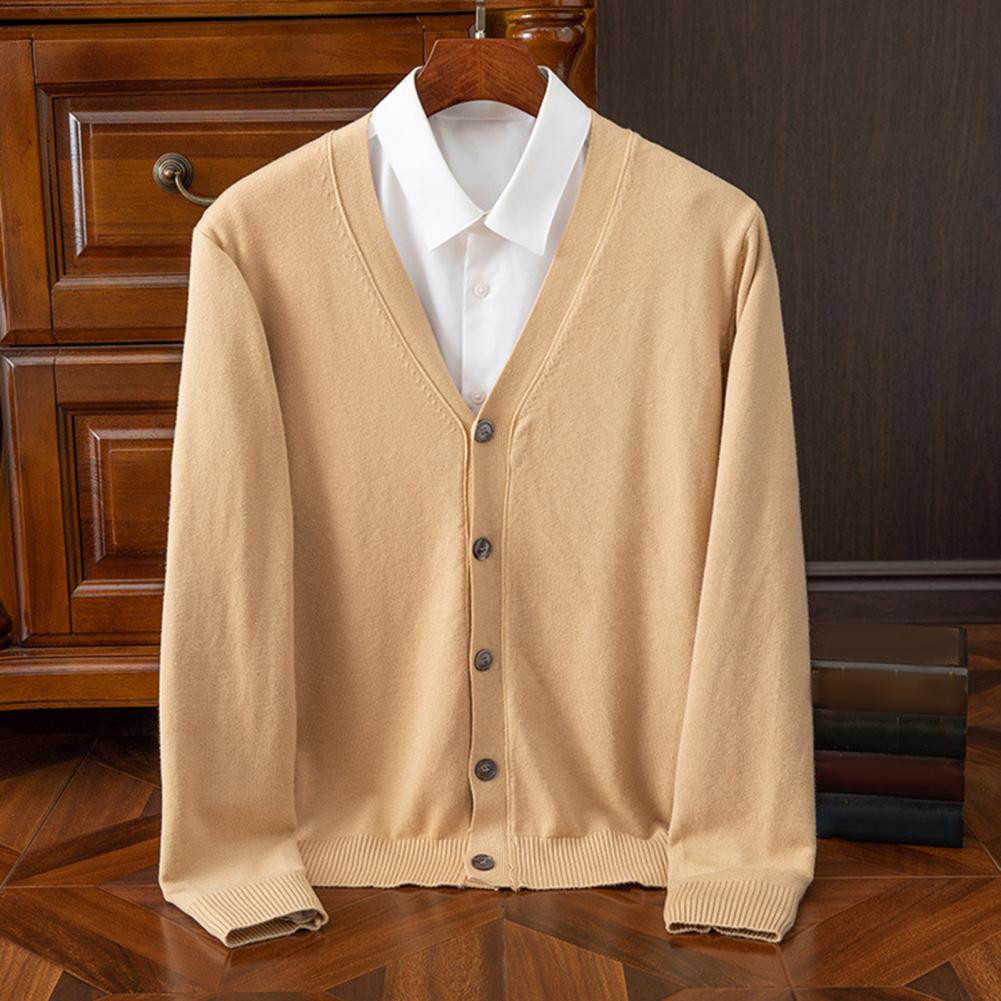 Description Picture 2 of itemKnitted V-neck Cardigan Elastic Cuff Cardigan Men's V Neck Cardigan Sweater Coat with Single-breasted Buttons Solid for Fall