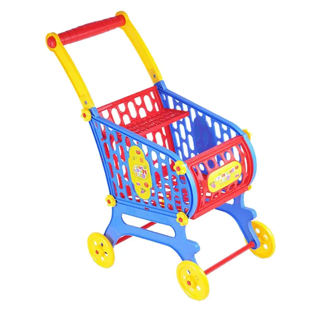 Mini Plastic Supermarket Shopping Cart Basket, Kids Toddler Role Pretend Play Toy Fancy Children Birthday Gift - 25x36x52cm
