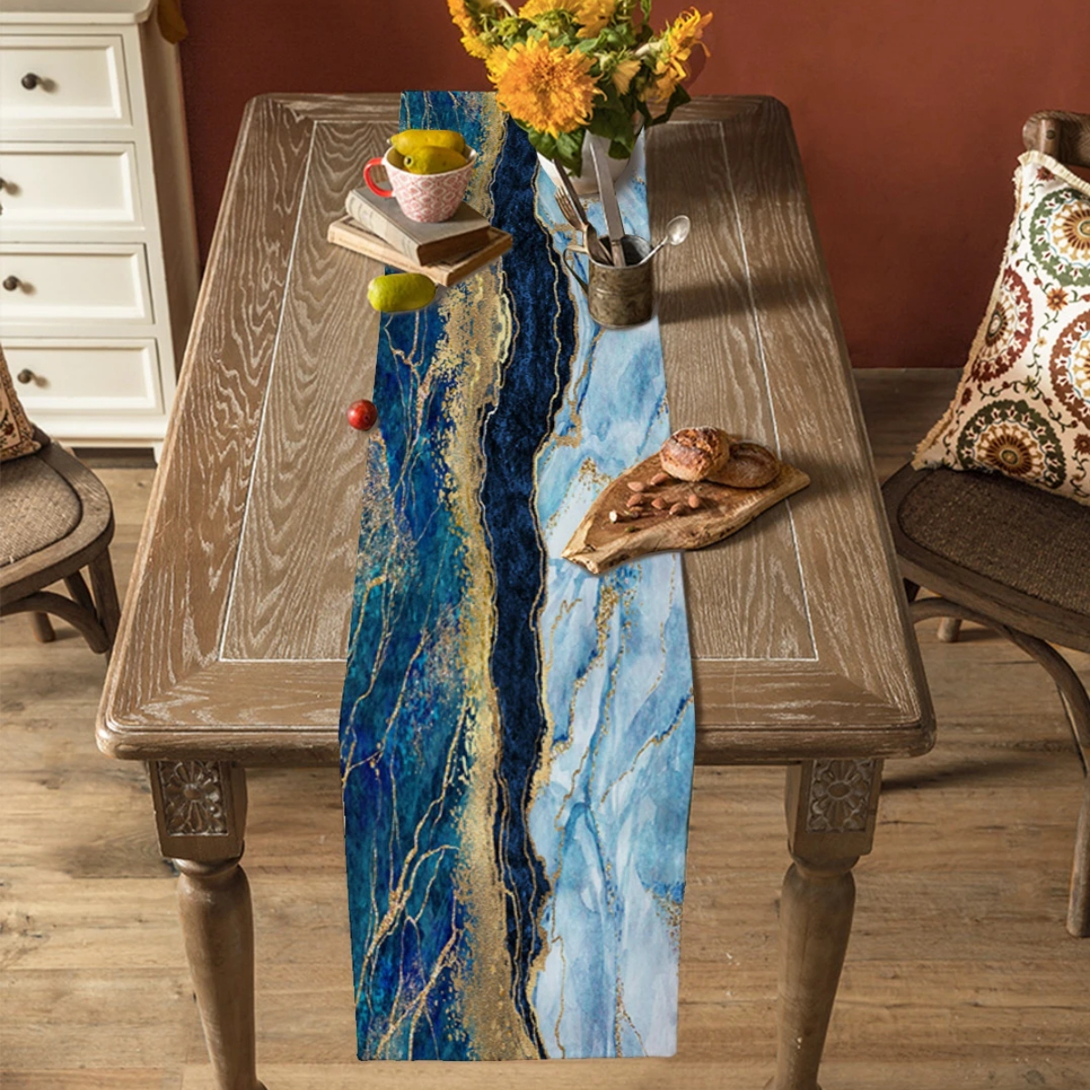 Description Picture 5 of itemAbstract Blue Marble Linen Table Runners Wedding Party Decoration Luxury Washable Table Runners for Dining Table Holiday Decor