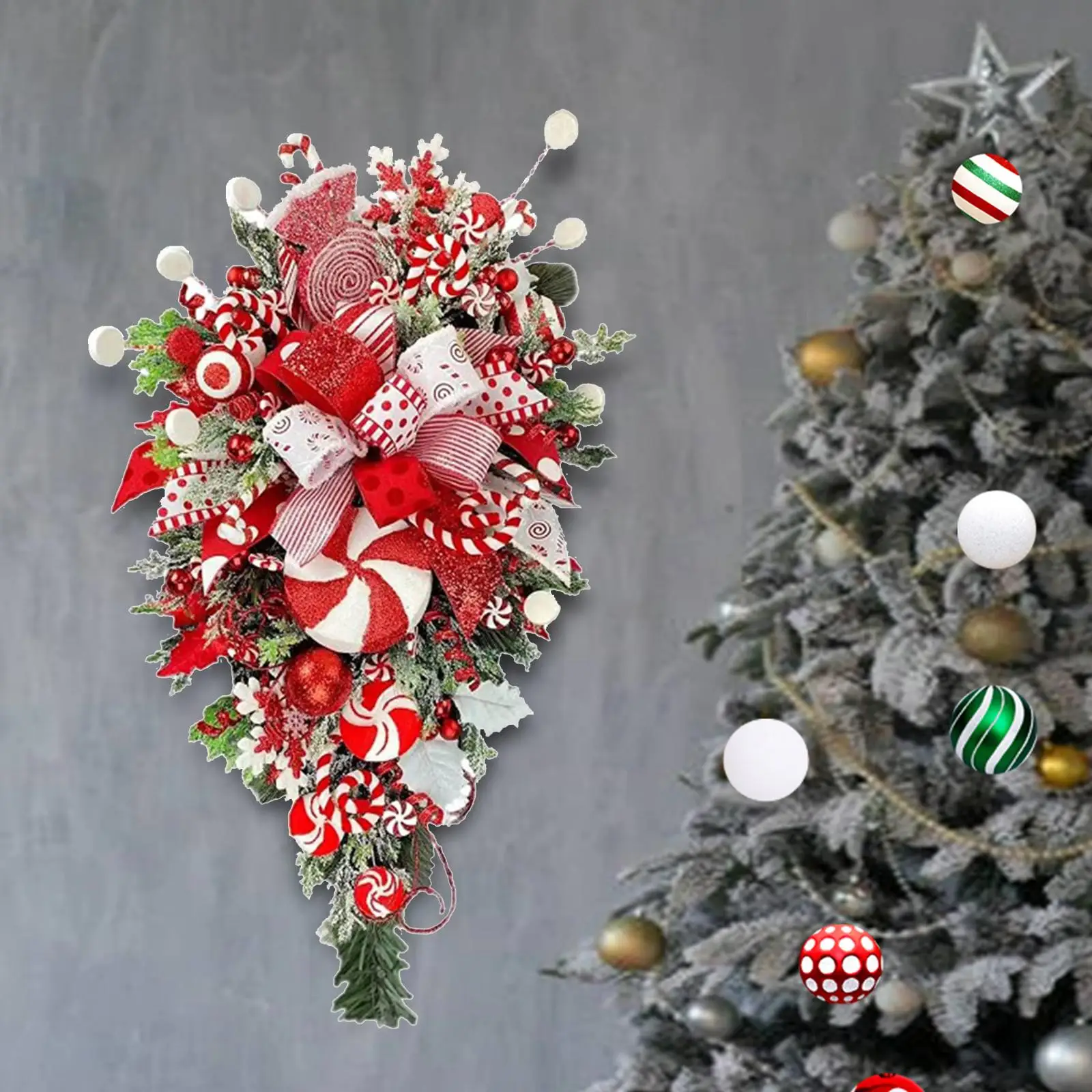Christmas Teardrop Swag Hanging Pendant with Bow Artificial Door Swag for Garden
