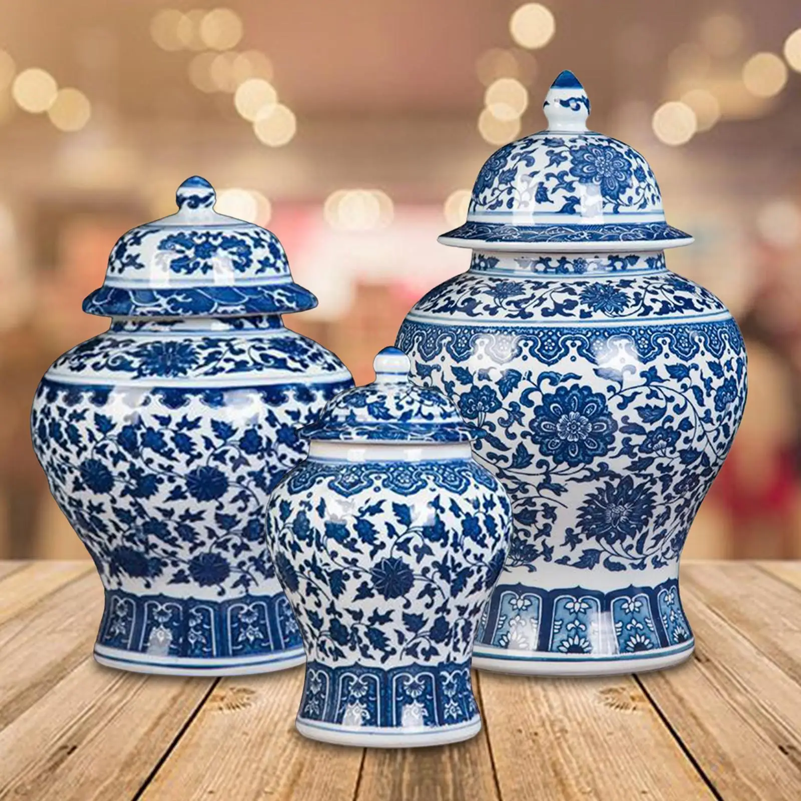 Blue and White Porcelain Temple Jar Vase Ceramic Ginger Jar for Porch Shelf