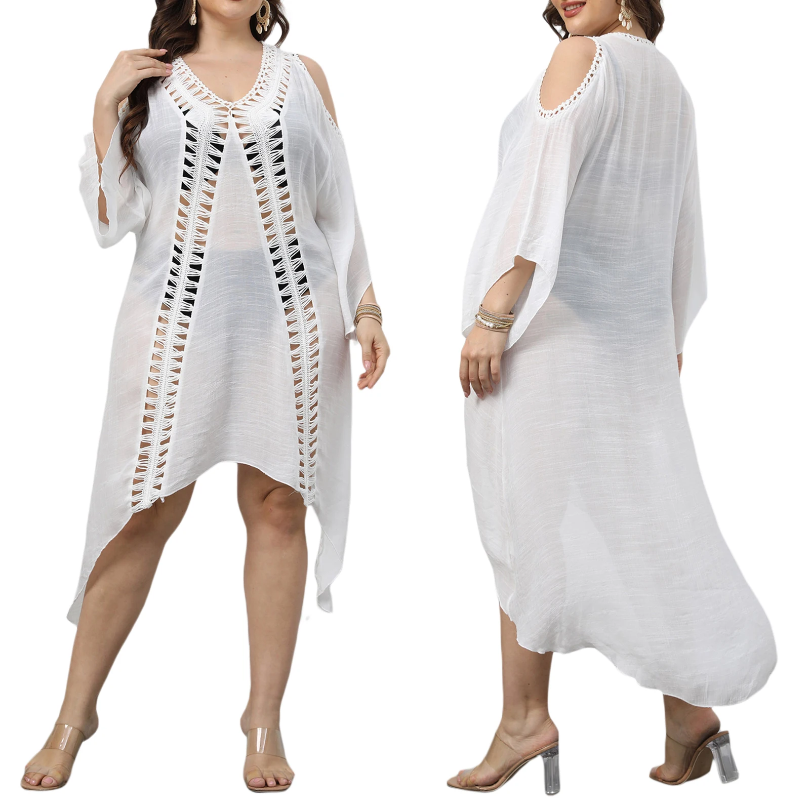 New Women Swimming Dress Plus Size Beach Cover Up Hollow Trim Loose Fit Solid Color Irregular Hem Mujer Swimwear Beachwear bathing suit coverups