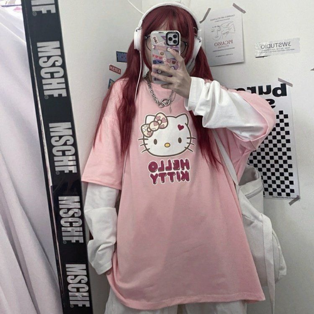 Hello Kitty Inspired Pink and Black Grunge Long Sleeve T-Shirt, Pink