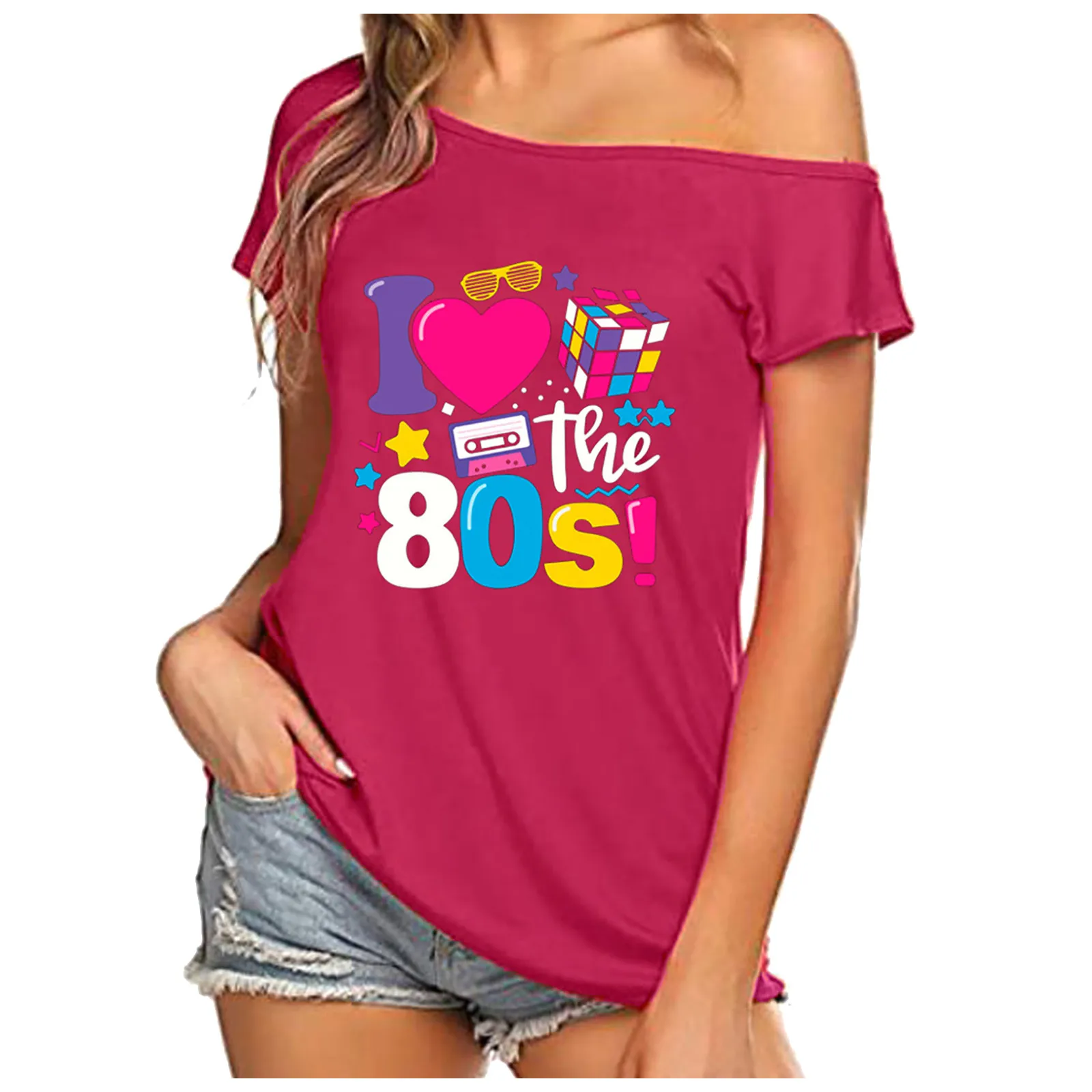 I Love The 80s Off The Shoulder Tops Female Summer Casual Short Sleeve Graphic Tees Streetwear Disco Costumes -S83757799a0554fea99bf47c89e47597cY