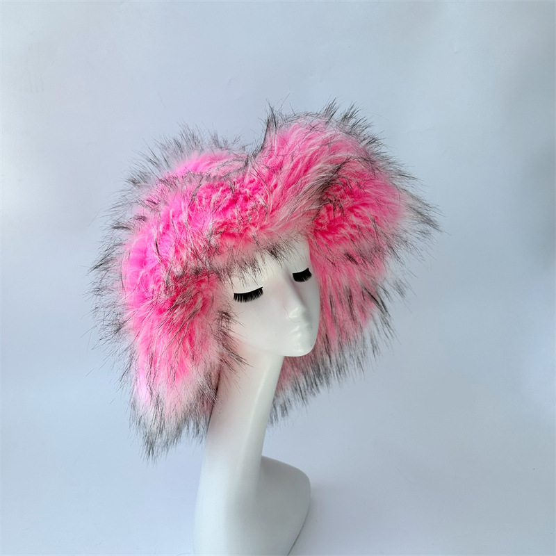 Harajuku Girls Sweet Cute Pink Wide Brim Floppy Furry Shag Hat Women Winter Y2k Fashion Fuzzy Festival Faux Fox Fur Bucket Hats