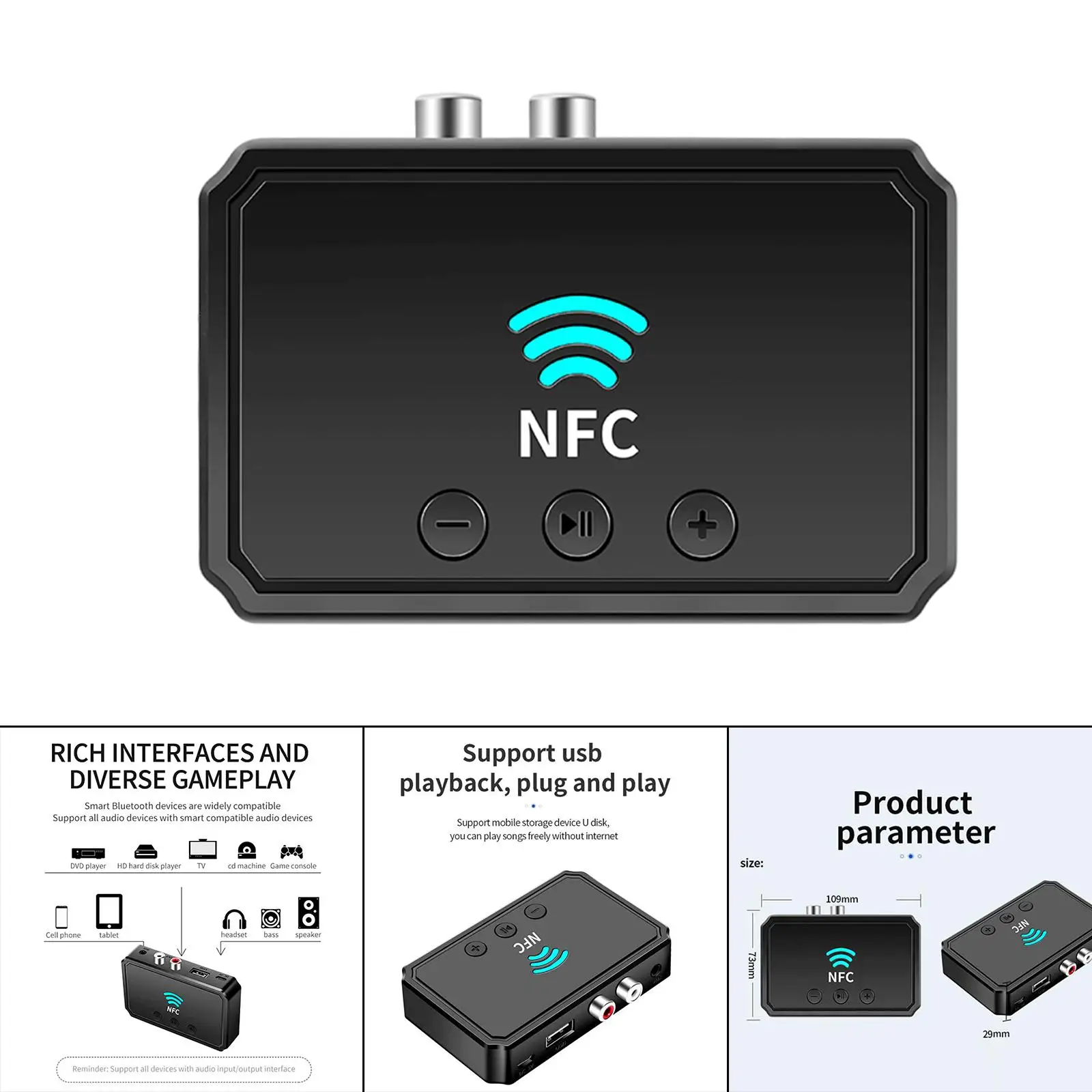 NFC Bluetooth 5.0 Audio Adapter Transmitter Support USB Sound System Stereo 3.5mm AUX or RCA Input Receiver for Phones TV Home