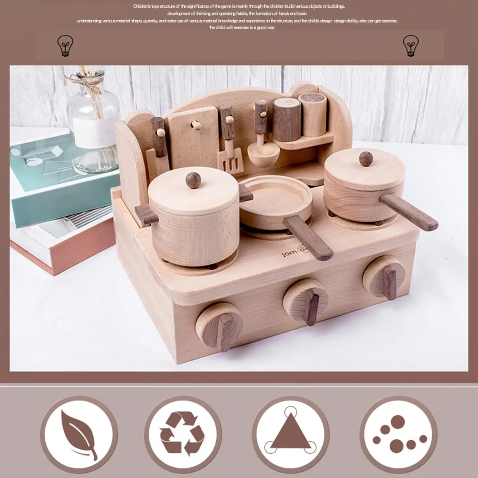 Wood Pretend Kitchen Playset Simulation Cooking Pots Pans Cooking Sets Realistic Setup Kitchen Play Toy Set for Ages 3+ Toddlers