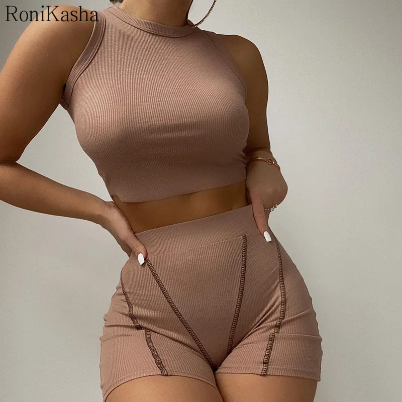 women's sets Ronikasha Workout Sets for Women 2 Piece Ribbed Crop Tank Top High Waist Biker Shorts Yoga Outfits Matching Sporty Tracksuit coord sets women