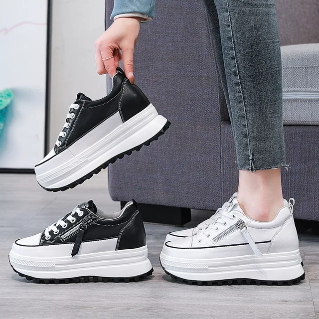Platform Side Zip Lace Up Internal Height Increase Sneakers Round Head Casual Trainers Sapatilhas Femeninas