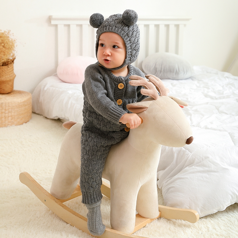 Infant Neugeborenen Baby 2PCS Winter Warme Outfits, Lange Ärmel Einfarbig Gestrickte Romper + Bär Hut Set – Detail 6