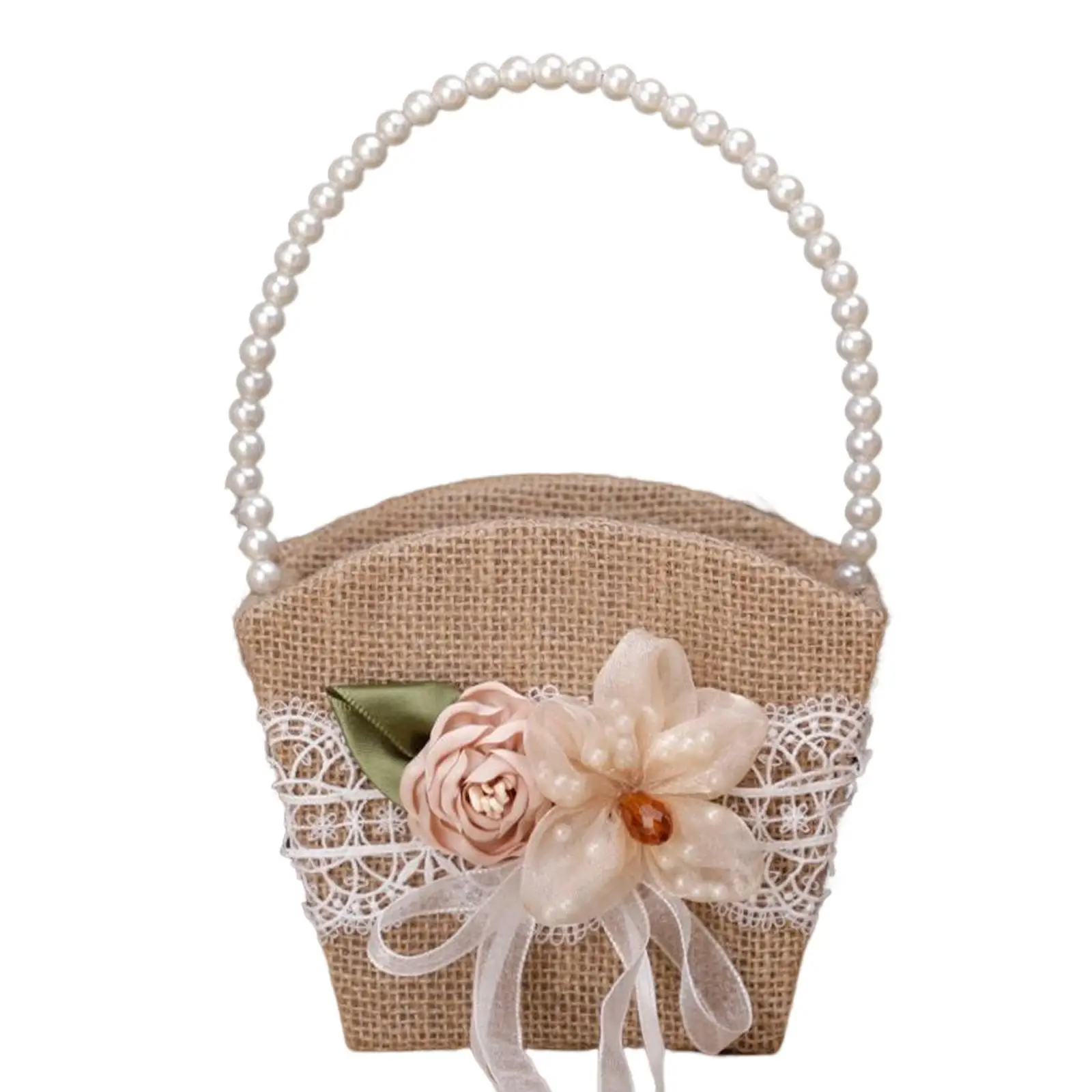 Burlap Flower Basket pearl Handle , Lace Satin Rustic Ribbon for Wedding Ceremony Home Parties