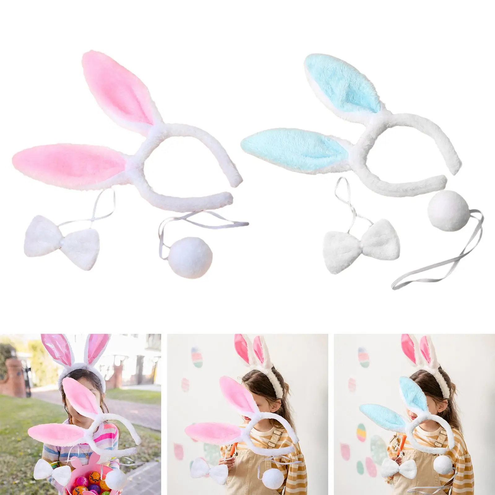 Bunny Costume Set Rabbit Ear Headband Rabbit Tail Headwear Bow Tie Headpiece for Cosplay Carnival Birthday Role Play Adult