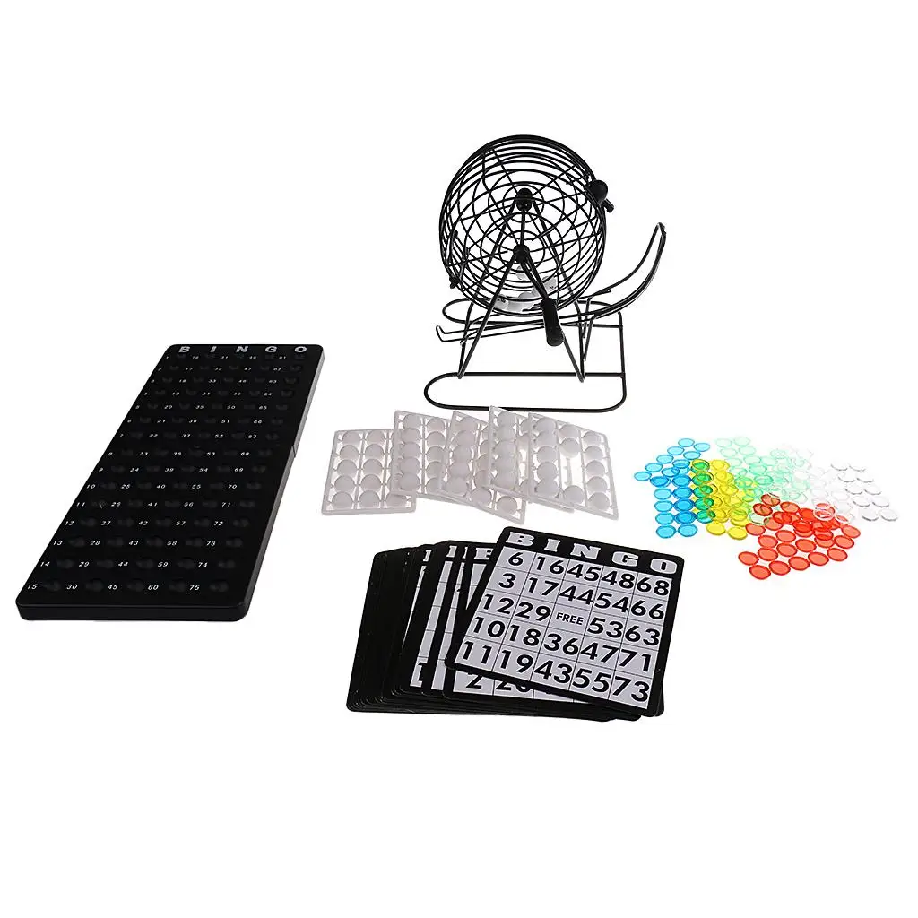 Small Home Bingo , Metal Bingo Cage Include 75Pcs Balls, Bingo Chips, Bingo Board, 18 Bingo Cards