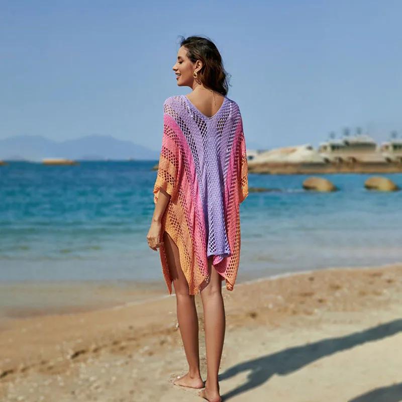 Rainbow Beach Tunic Women Sexy Crochet Dress Bikini Cover Ups for Swimwear V Neck Summer Holiday Knitted Bathing Suits
