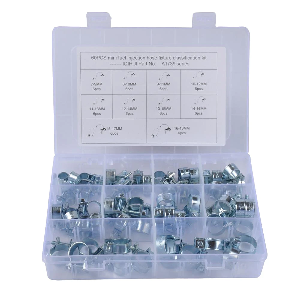 Set of 60Pcs Adjustable Stainless Steel Pipes Hose Clamps Clips (10 Sizes, 7-18 mm)