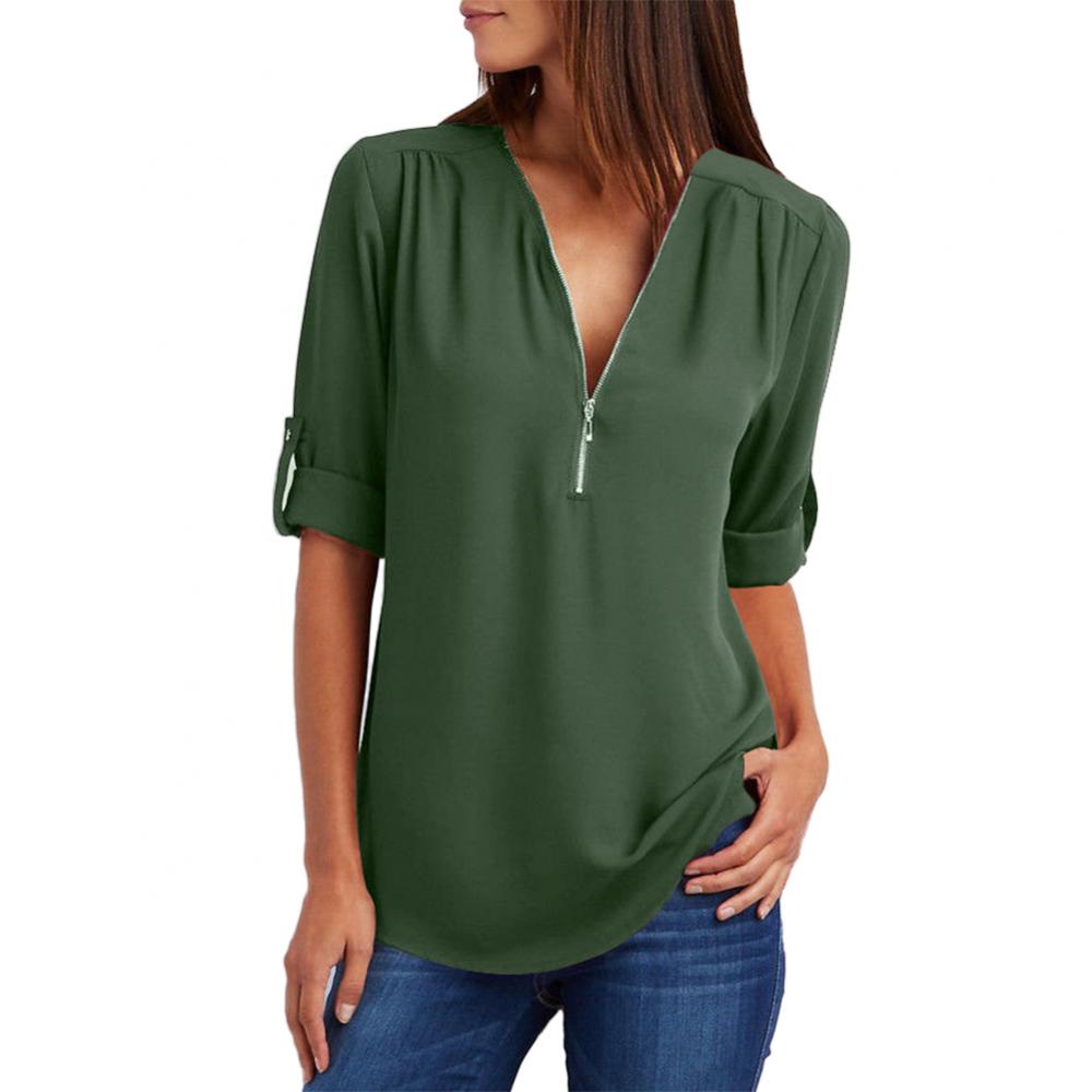 Title 17, Casual Office Lady Blouses Sexy Solid Color Zip...