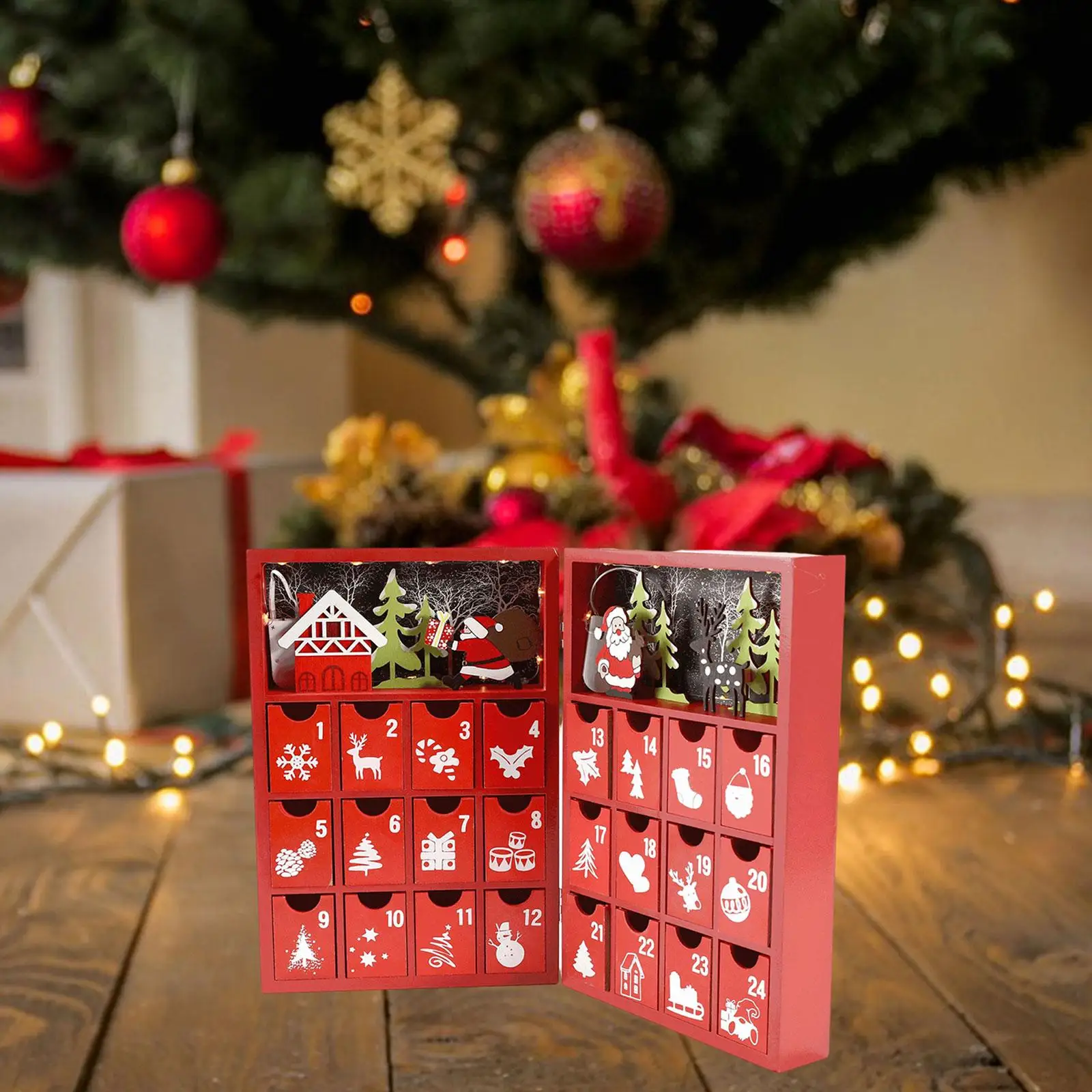 Fillable Calendar Box Santa Claus Pattern Candy Organizer with Storage Drawers Wood for Holiday Tabletop Home Xmas Decoration