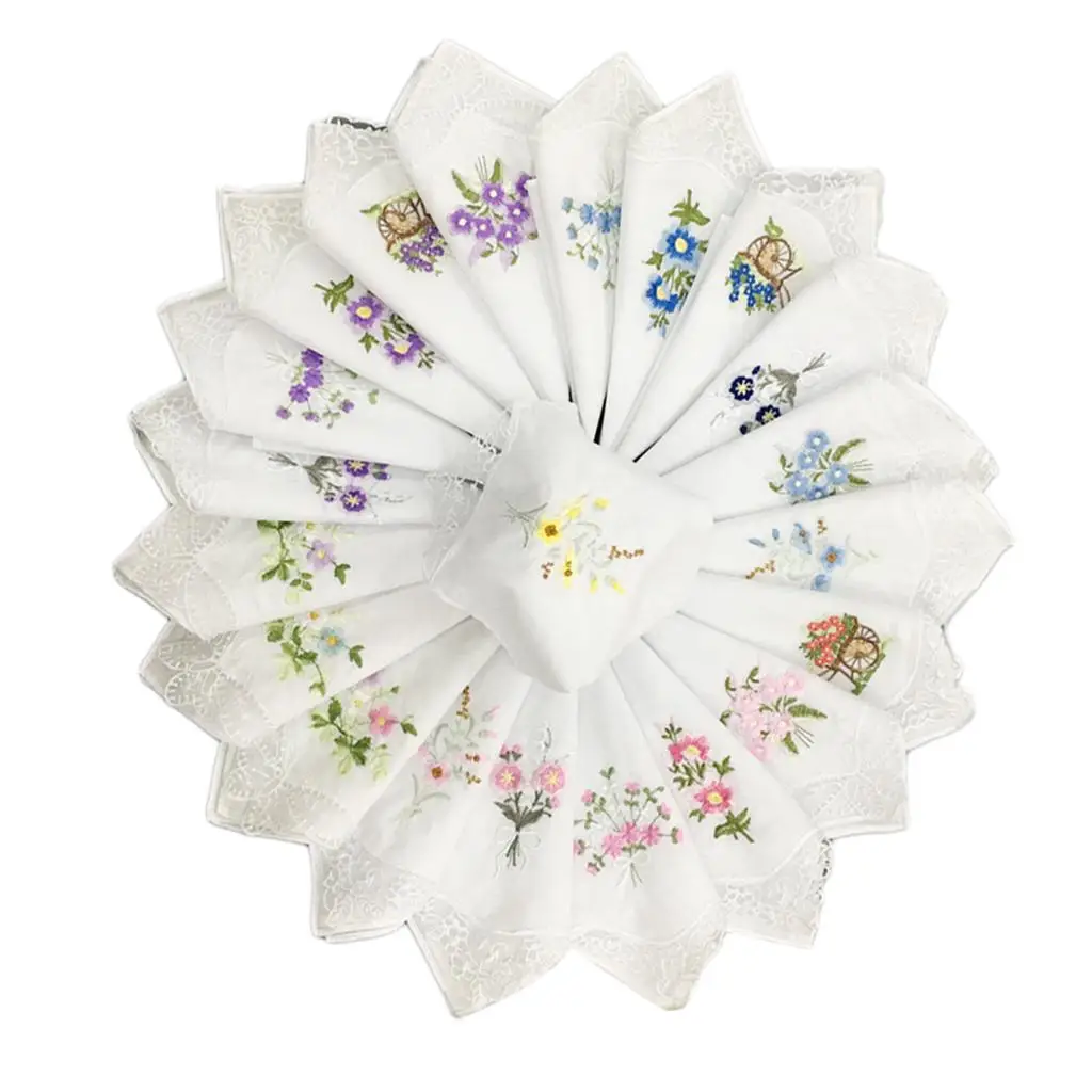 12x Pure Cotton Women Handkerchiefs Ladies Washable Embroidered Pocket Hankie