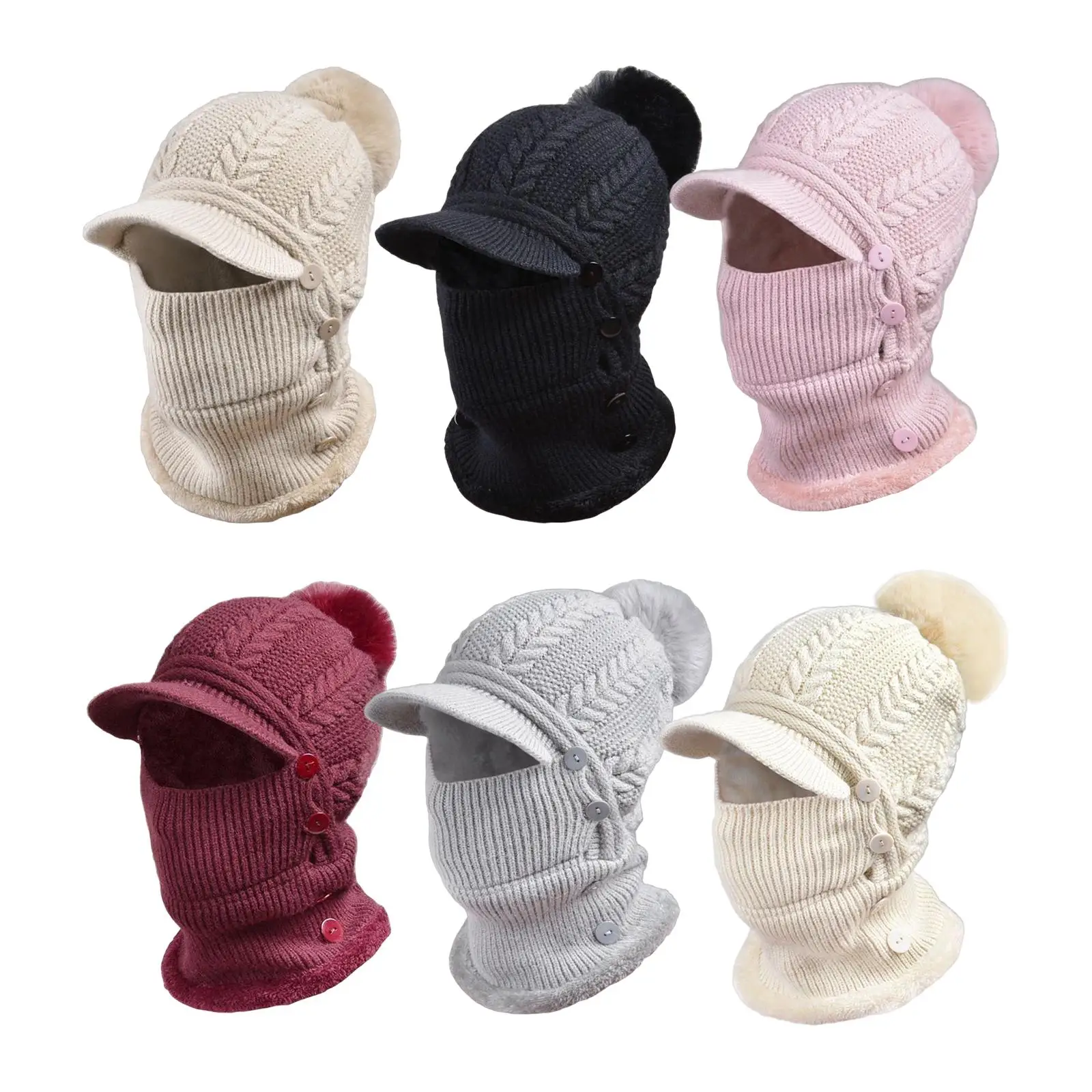 Knit Balaclava Beanie Hat Neck Scarf Protector Button Hat with Ears Covers Winter Ski Mask Cap for Skateboard Snow Women Men