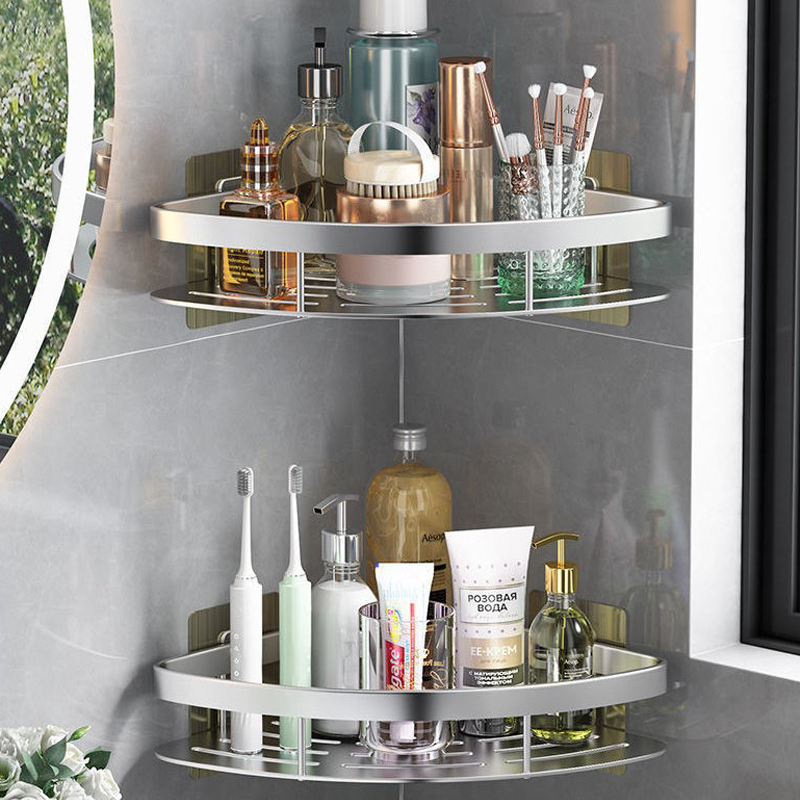 Corner shelf with bathroom essentials near window with natural light