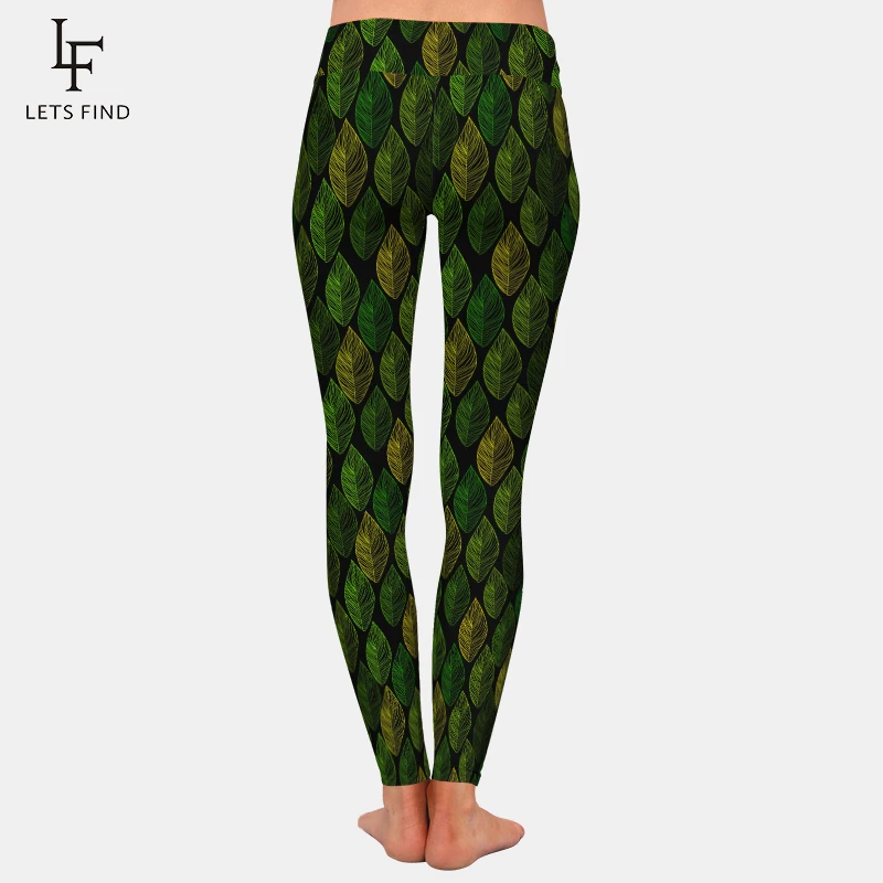 LETSFIND-Calças Fitness Estampadas Folhas Verdes Femininas, Leggings