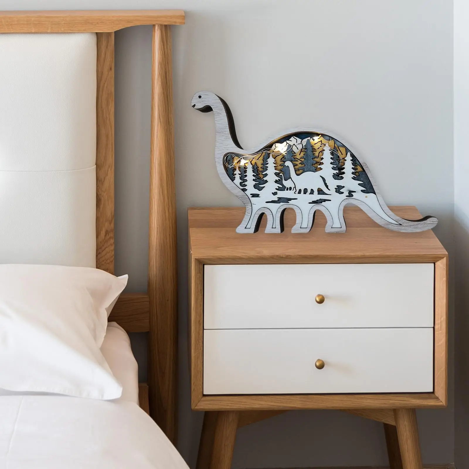 Wood Animals Figurine Hollowed Dinosaurs Bedside Nightlight Desktop Ornament