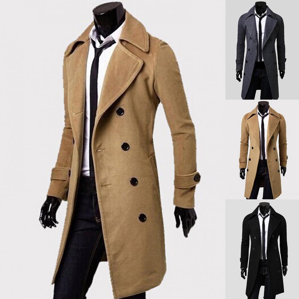 Description Picture 3 of itemMen Jacket  Double-breasted   Long Trench Coat Thick Pure Color Jacket