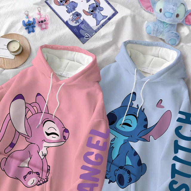 Disney Hoodie Fashion Stitch Angel Monster Letter Cartoon Sweatshirt  Pullover Cute Harajuku Unisex Women's Pocket Top