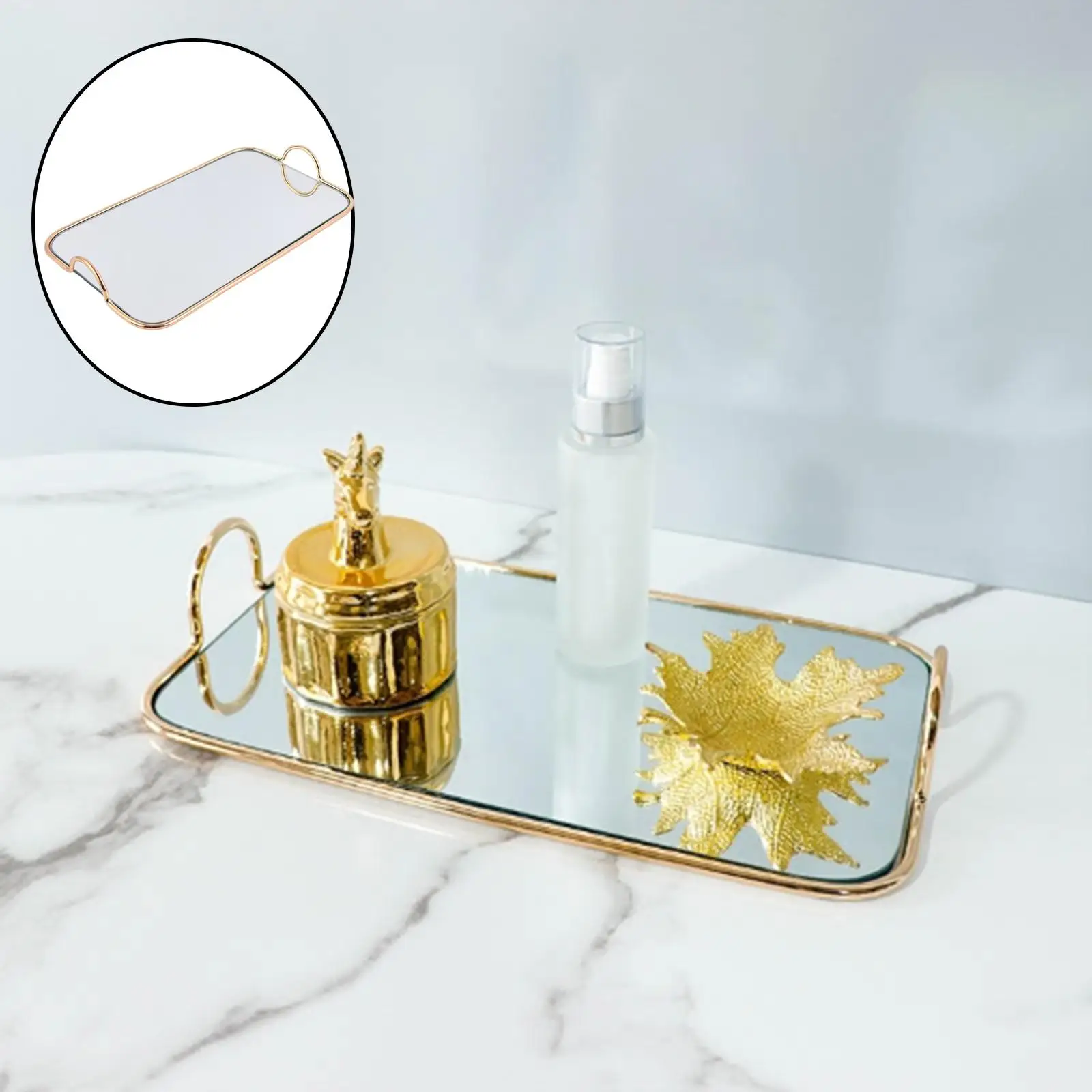 Decorative Tray with Handle, Mirror Tray, Vanity Tray Jewelry Perfume Organizer