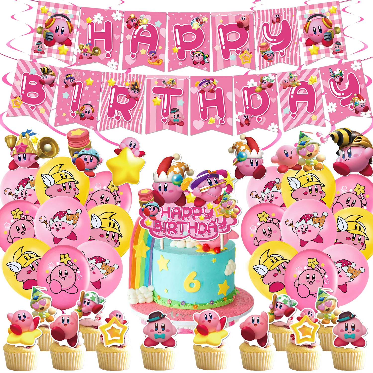 Suministros creativos de fiesta de cumpleaños con temática Kirby,  decoración de fiesta de dibujos animados, globos bonitos, pancarta, regalo  de cumpleaños a la moda| | - AliExpress