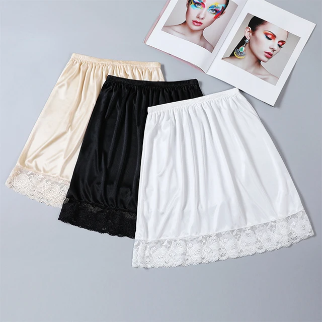 45cm Silk Slip Dress Underwear Lace Edge Underskirt Thin Anti-lighting  Women Petticoat Under Dress Slips Lingerie Slip Skirt