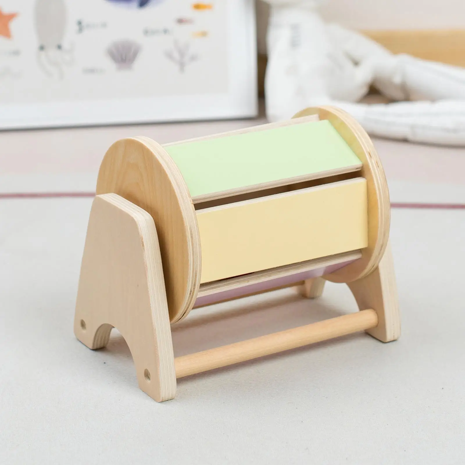 Wooden Rolling Drum Roller Montessori Inspired Rotatable with Sensory Audible Bells Drum for Kids Infant Boys Girls 1-3 Year Old