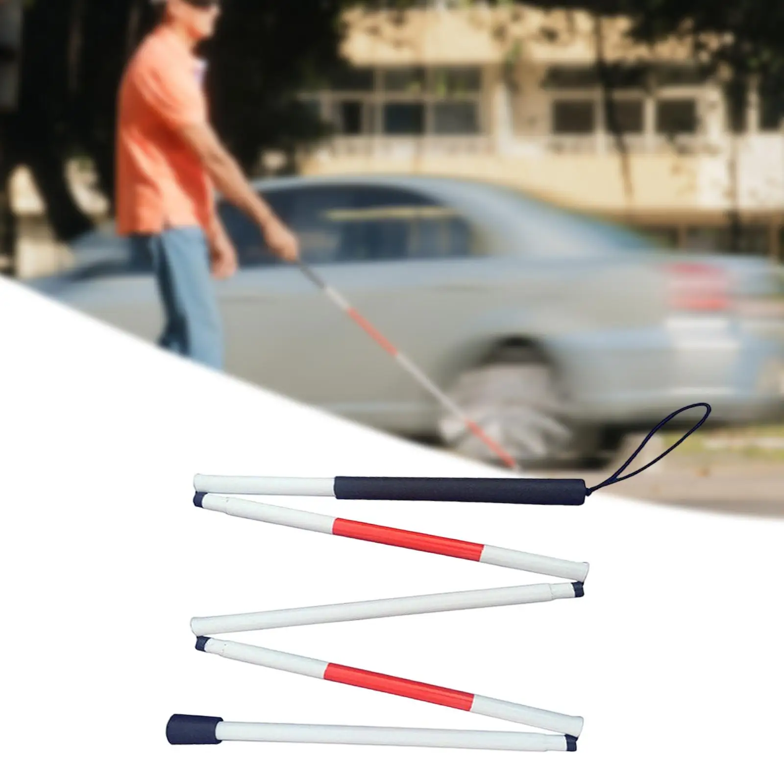 Folding Mobility Cane with Red Reflective Tape Non Slip Handle Aluminum Anti Shock Foldable Walking Stick for Visually Impaired