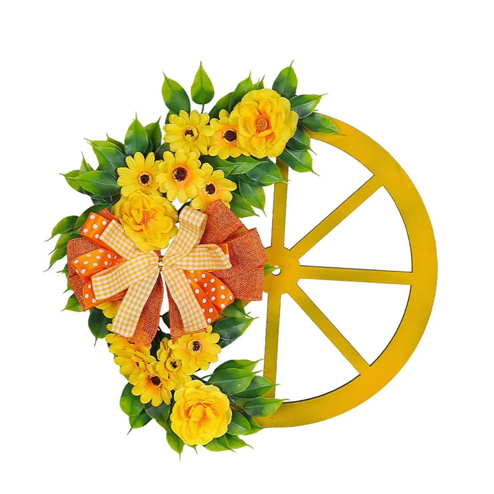 Spring Wreath Yellow Artificial Flowers and Wheel Decoration 41x41cm New Year Wreath for Front Porch, Table Centerpieces