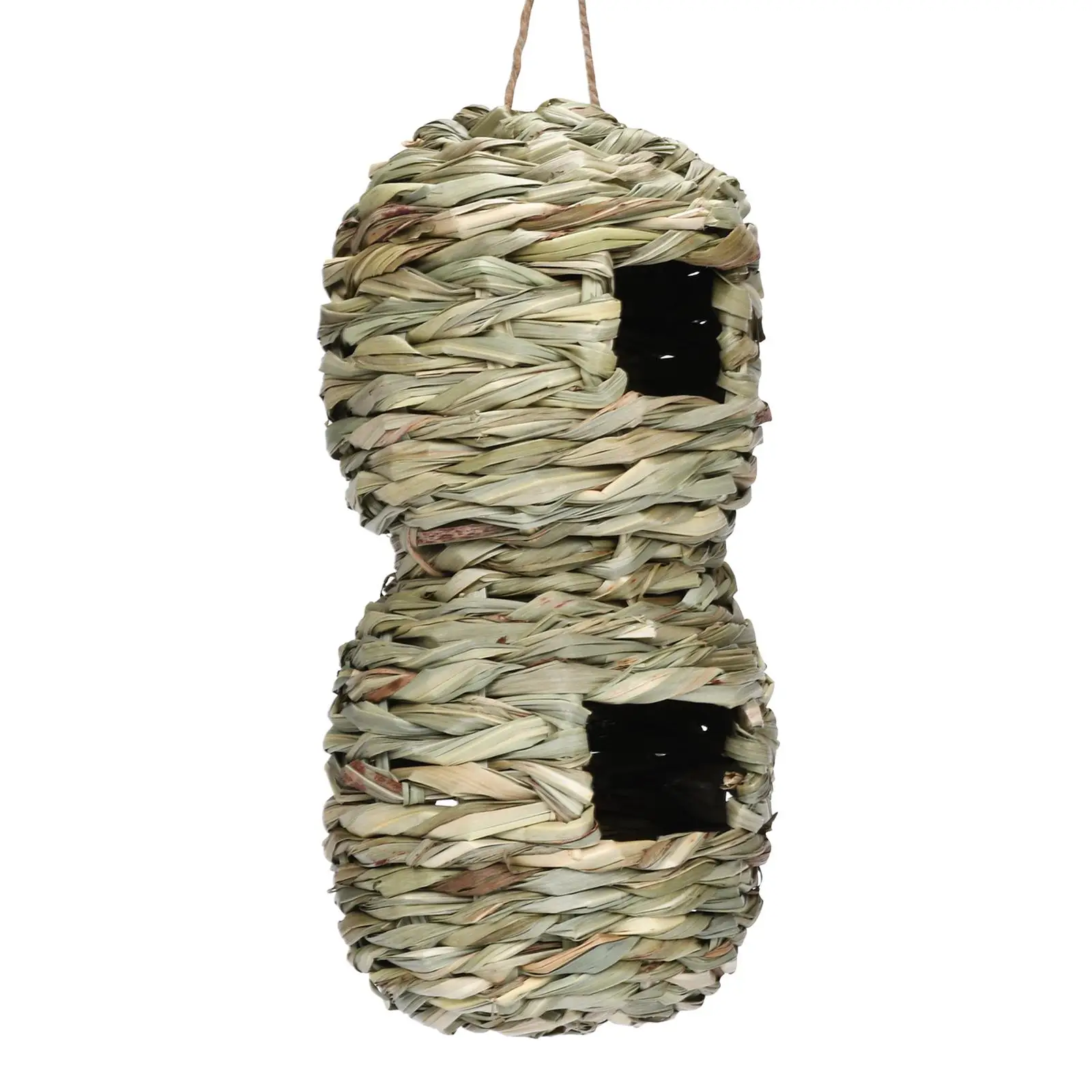 Bird House Straw Hand Woven Shelter Parrot Nest Double Hole Outdoor Hanging Birdhouse for Hummingbird Canary Finch Lawn Garden