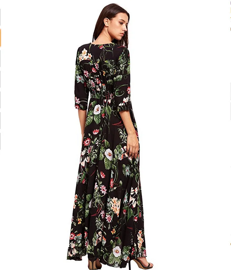Women's Bohemian Dress Flower Print V Neck Short/Middle Sleeve for Ladies Summer Holiday Beach Sundress