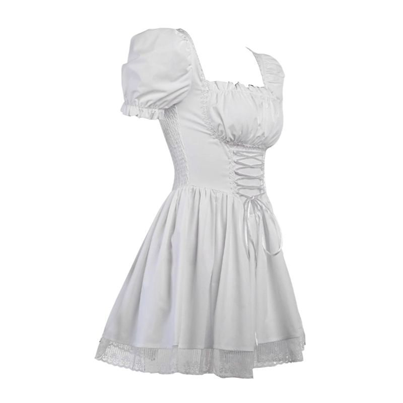 Süßes A-Linien-Kleid mit Puffärmeln für Damen, Sommer, Fairycore, Lolita, einfarbig, Bandage, Spitzenbesatz, kurze Kleider für Halloween-Party – Detail 3