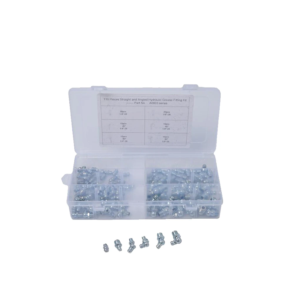 110pcs 1/4` 1/8` Hydraulic Zerk Fitting SAE Kit Straight 90 45 Degree