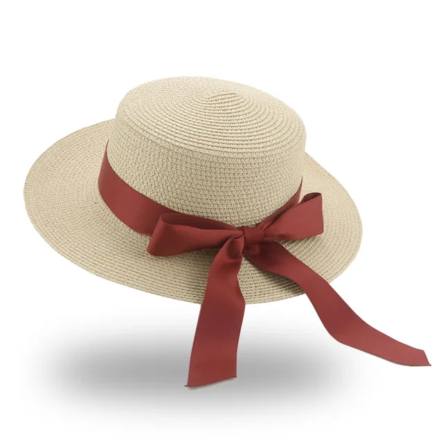 Ymsaid New Summer Sun Hats Women Fashion Girl Straw Hats Ribbon Bow Beach  Hat Casual Straw Flat Top Panama Hat Bone Feminino