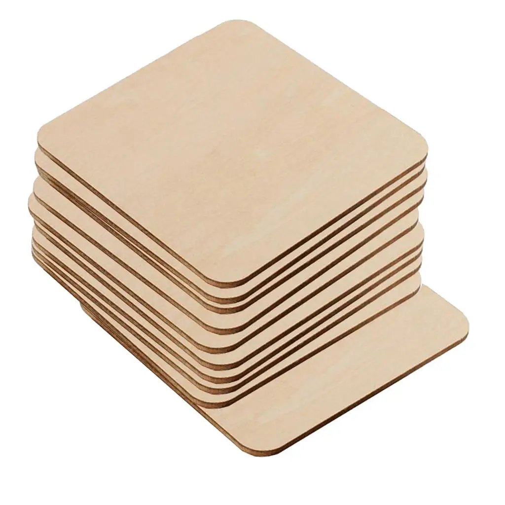 10x Unfinished Wood Cutouts Square Wooden Pieces Blank Round Corner