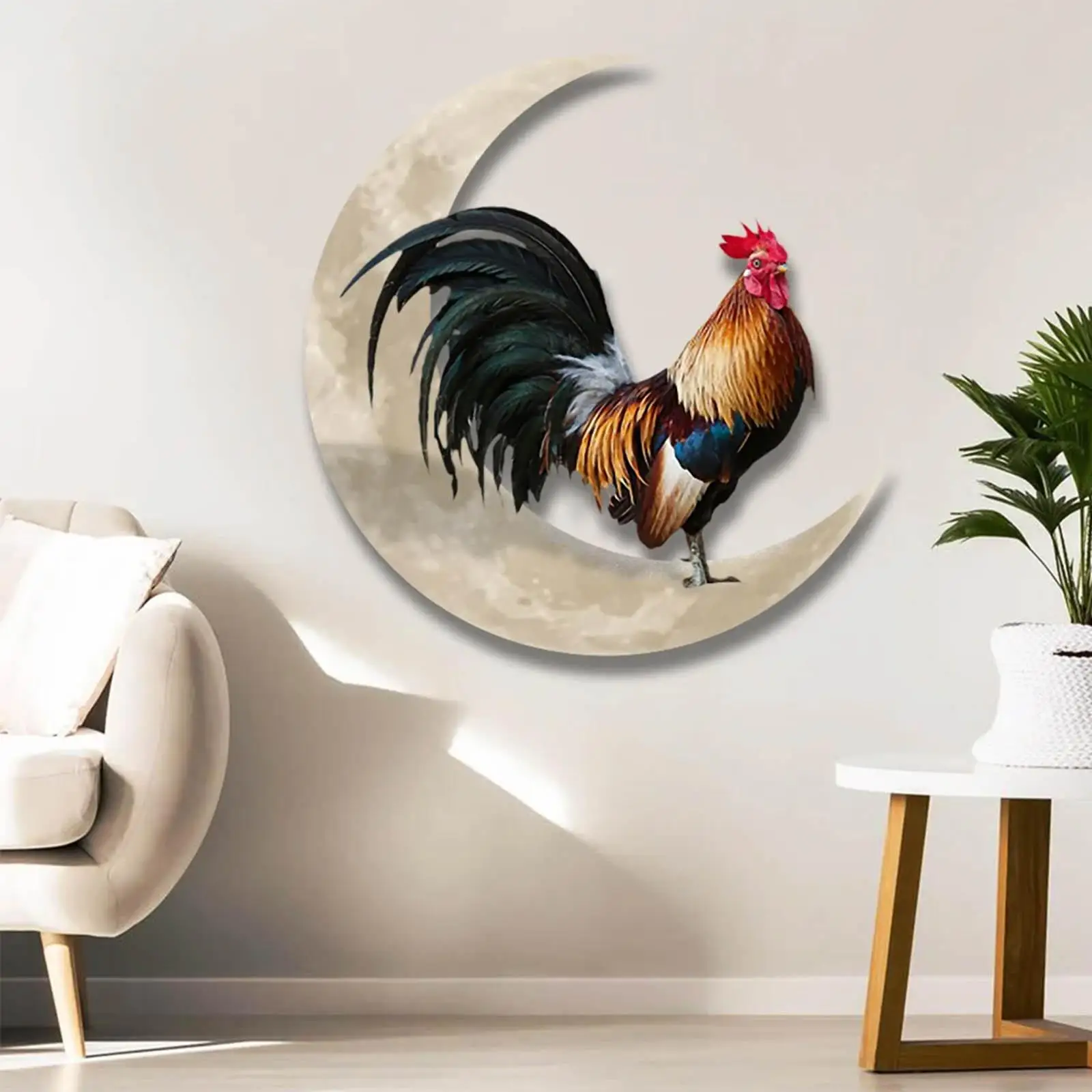 Creative Rooster Moon Metal Wall Art Pendant Ornament Sculpture Artwork for Yard Living Room Bedroom Outdoor Indoor Decor