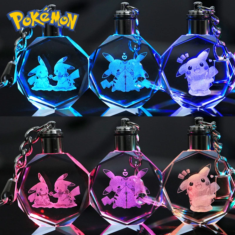 Pokemon Pikachu LED Light Crystal Pendant Keychain Light Up Glow Pendant Gift 