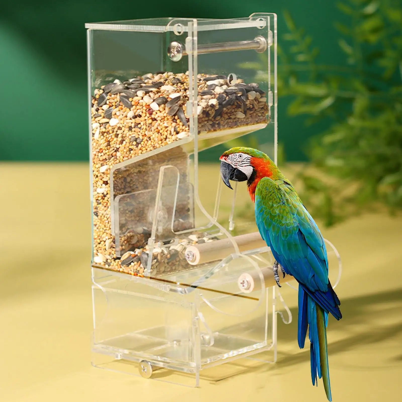 Bird Feeder for Cage Acrylic Food  with Perch Parrot Feeder for Budgie, Canaries, , Cockatiel, Small to Medium Birds