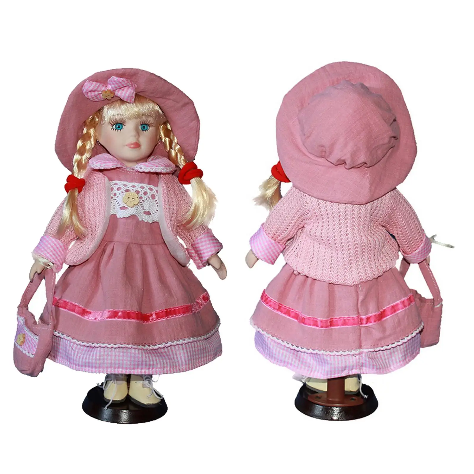 2pcs 30cm   Porcelain Doll with Dress Set & Stand Home Display Decor