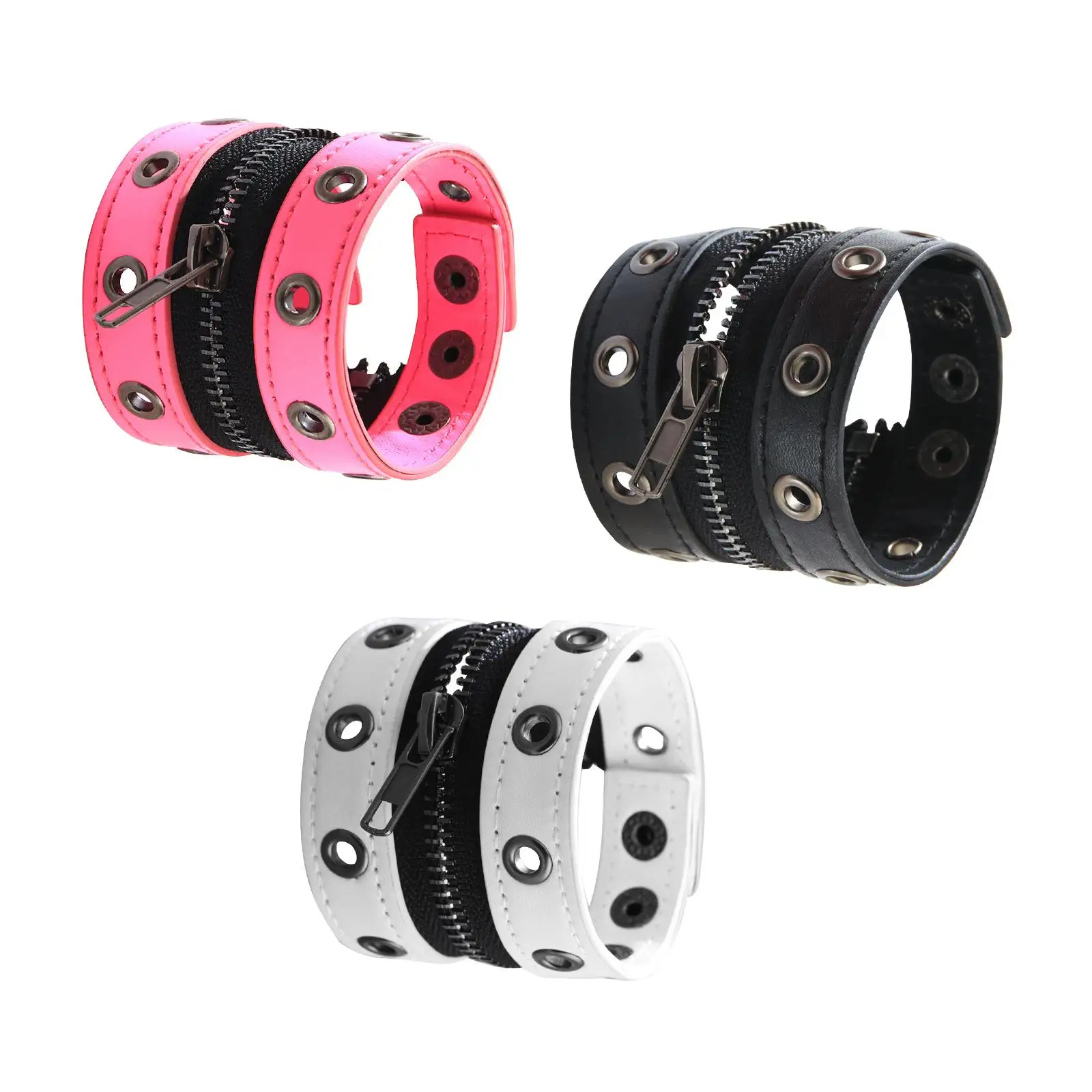 Zipper Wristband Straps Jewelry PU Leather Punk Cuff Bracelet for Holiday