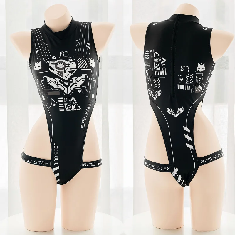 Anime Game Cyber Machinery Women Cosplay Costume Cat Sleeveless Mecha Print Hollow Out Leg Ring Personality Jumpsuits Swimsuit